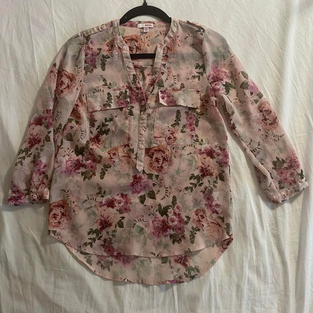 Pink Floral Chiffon Button Up Blouse Shirt Top